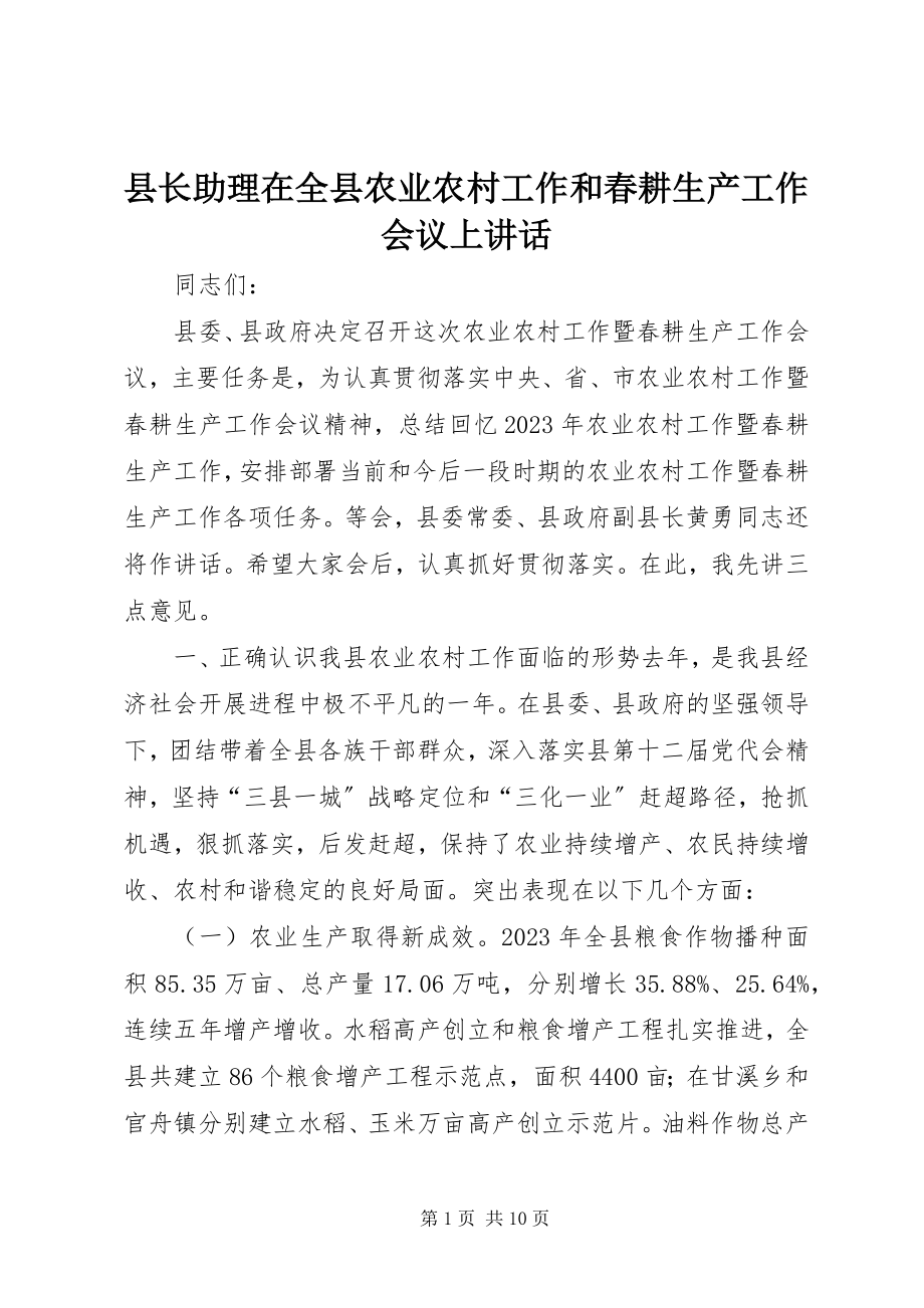 2023年县长助理在全县农业农村工作和春耕生产工作会议上致辞.docx_第1页