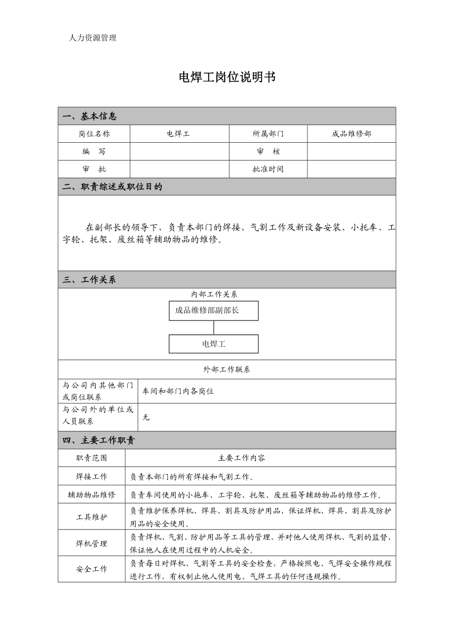 人力资源管理 企业管理 岗位说明 电焊工岗位说明书.docx_第1页