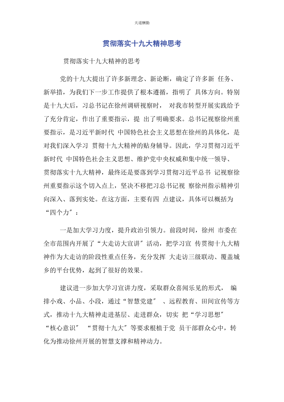 2023年贯彻落实十九大精神思考范文.docx_第1页