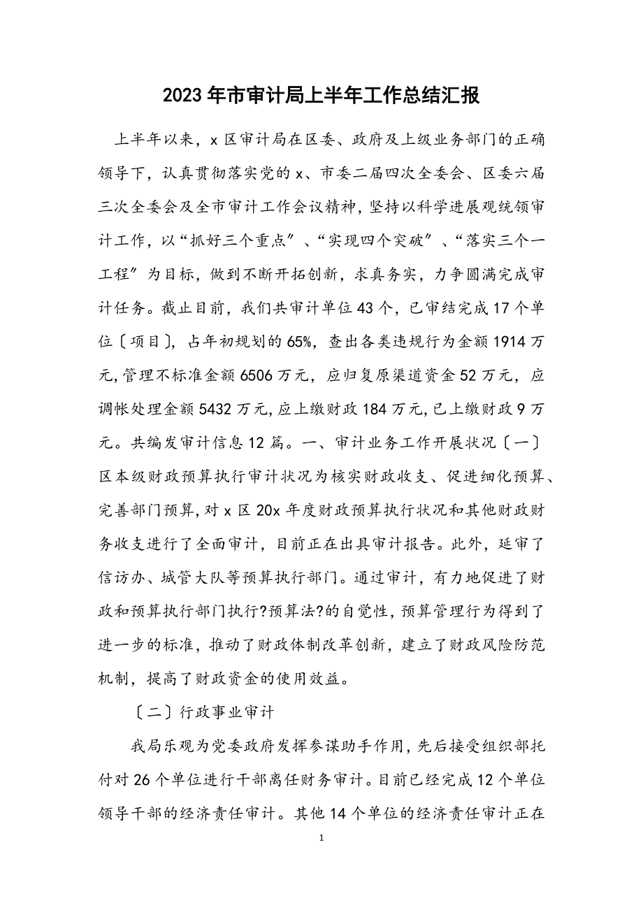 2023年市审计局上半年工作总结汇报.docx_第1页