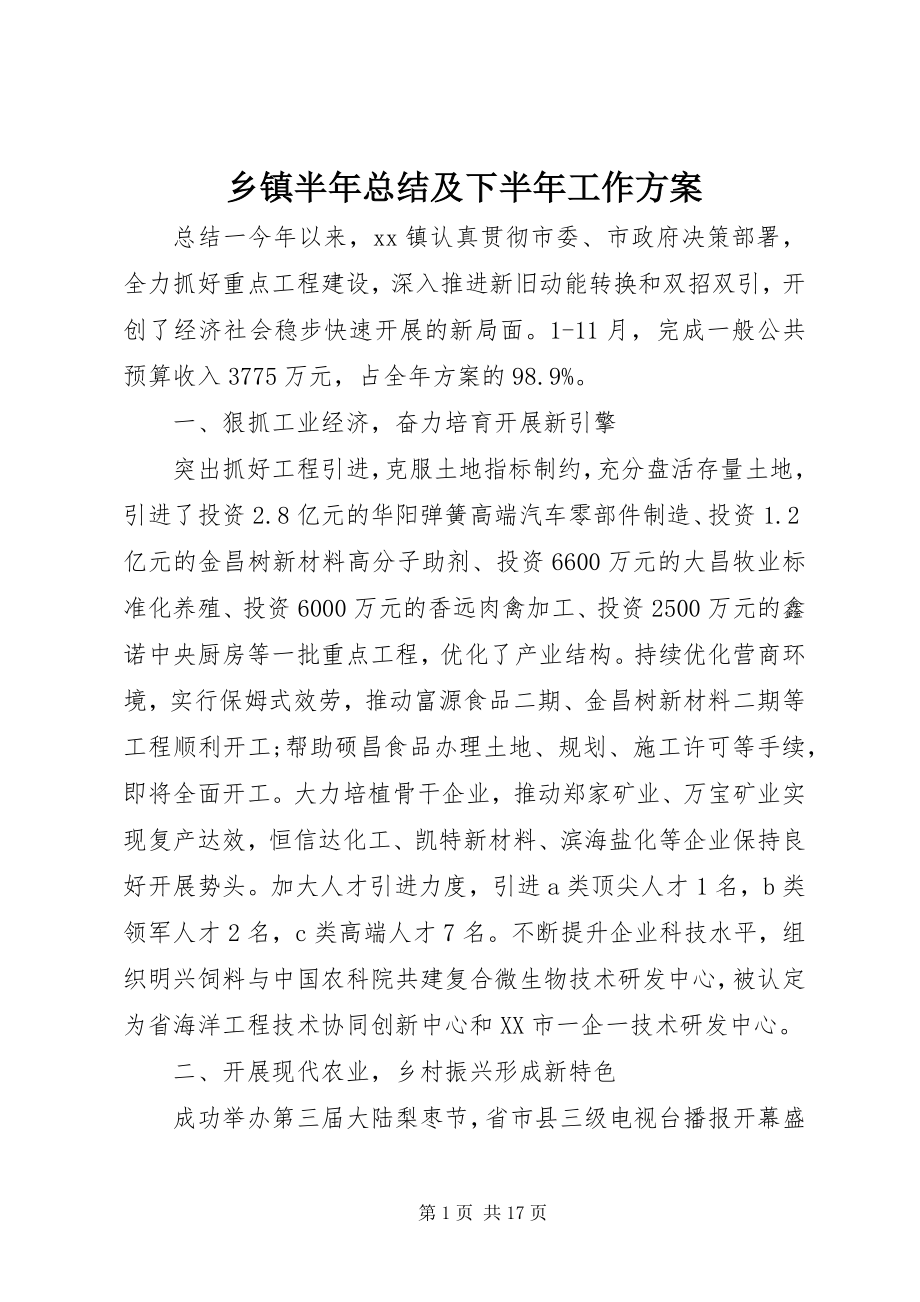 2023年乡镇半年总结及下半年工作计划.docx_第1页