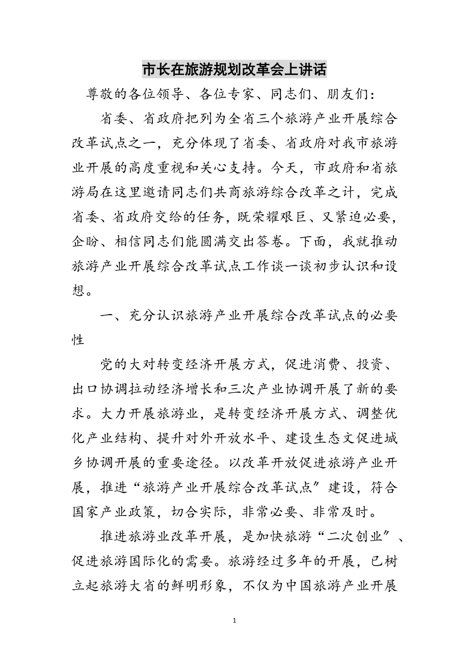 2023年市长在旅游规划改革会上讲话范文.doc_第1页