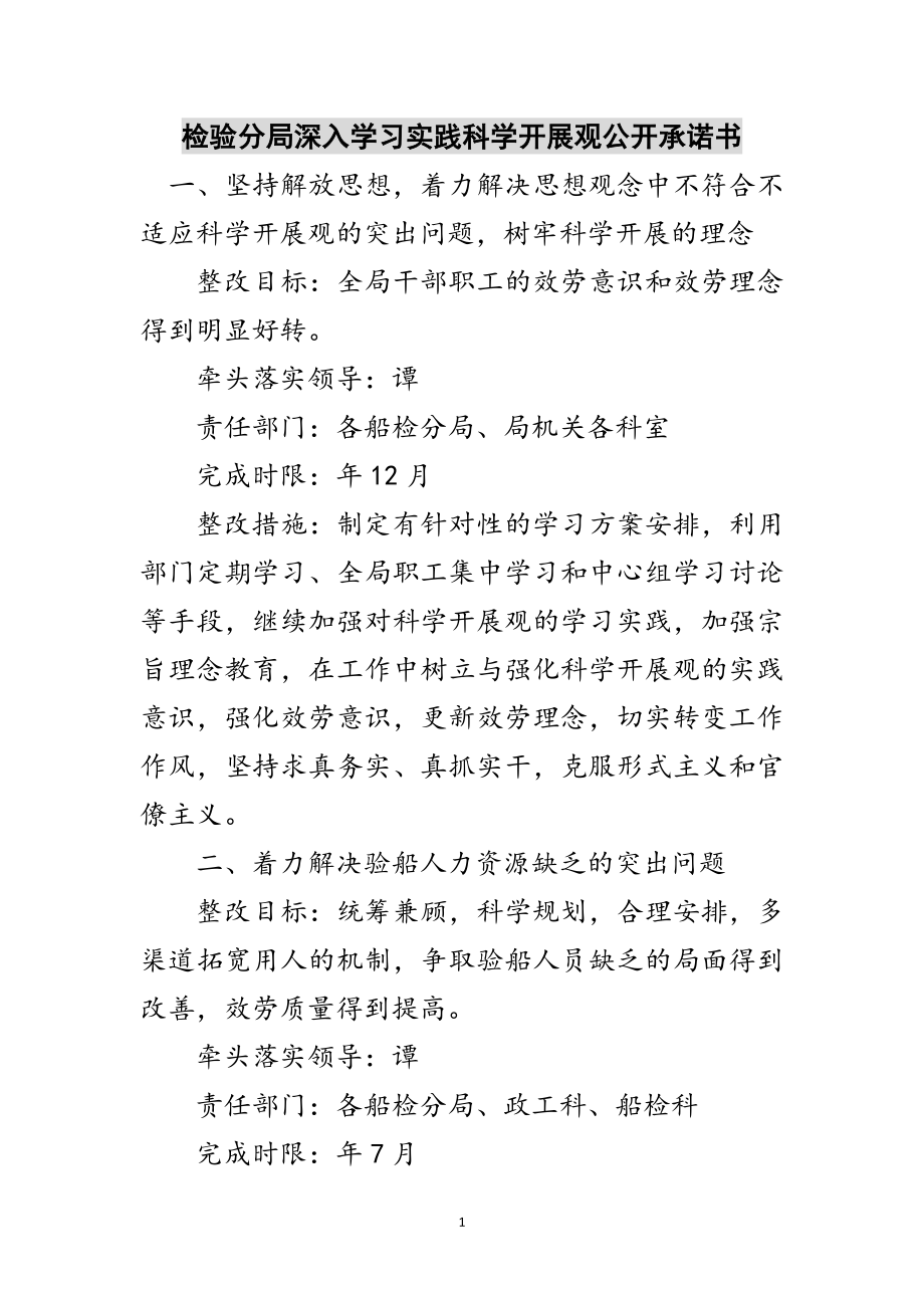 2023年检验分局深入学习实践科学发展观公开承诺书范文.doc_第1页