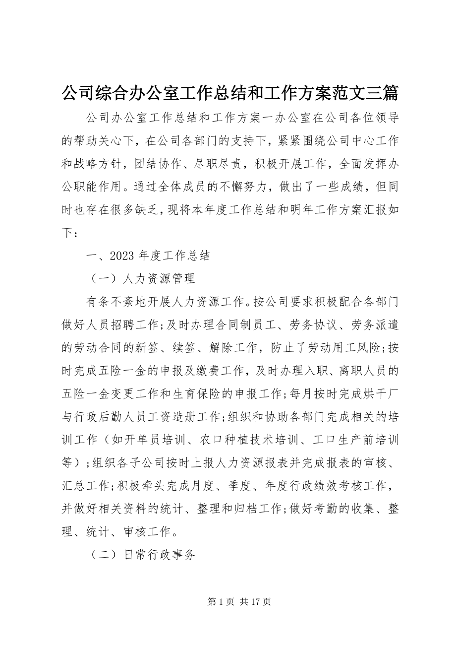 2023年公司综合办公室工作总结和工作计划精选三篇.docx_第1页