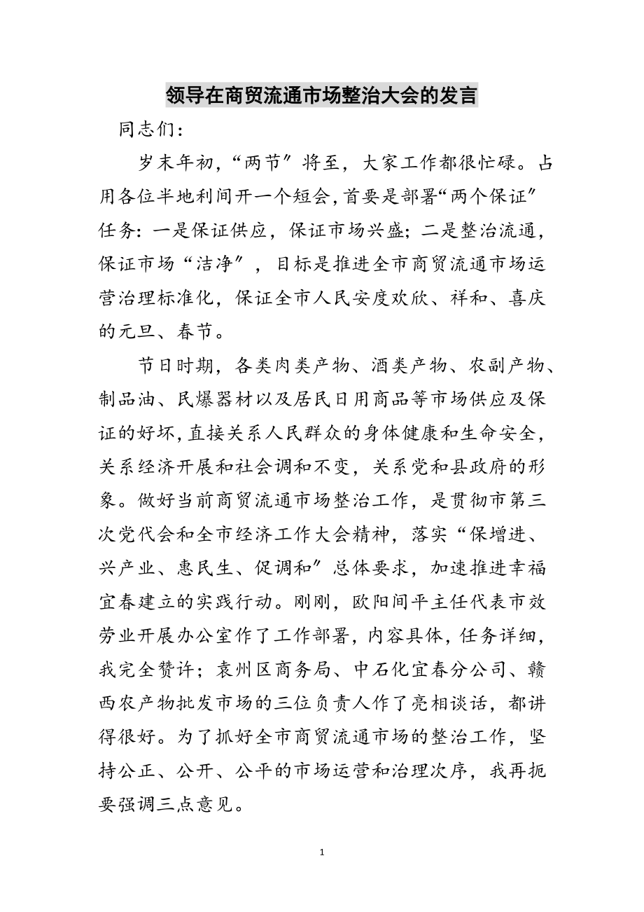 2023年领导在商贸流通市场整治大会的发言范文.doc_第1页