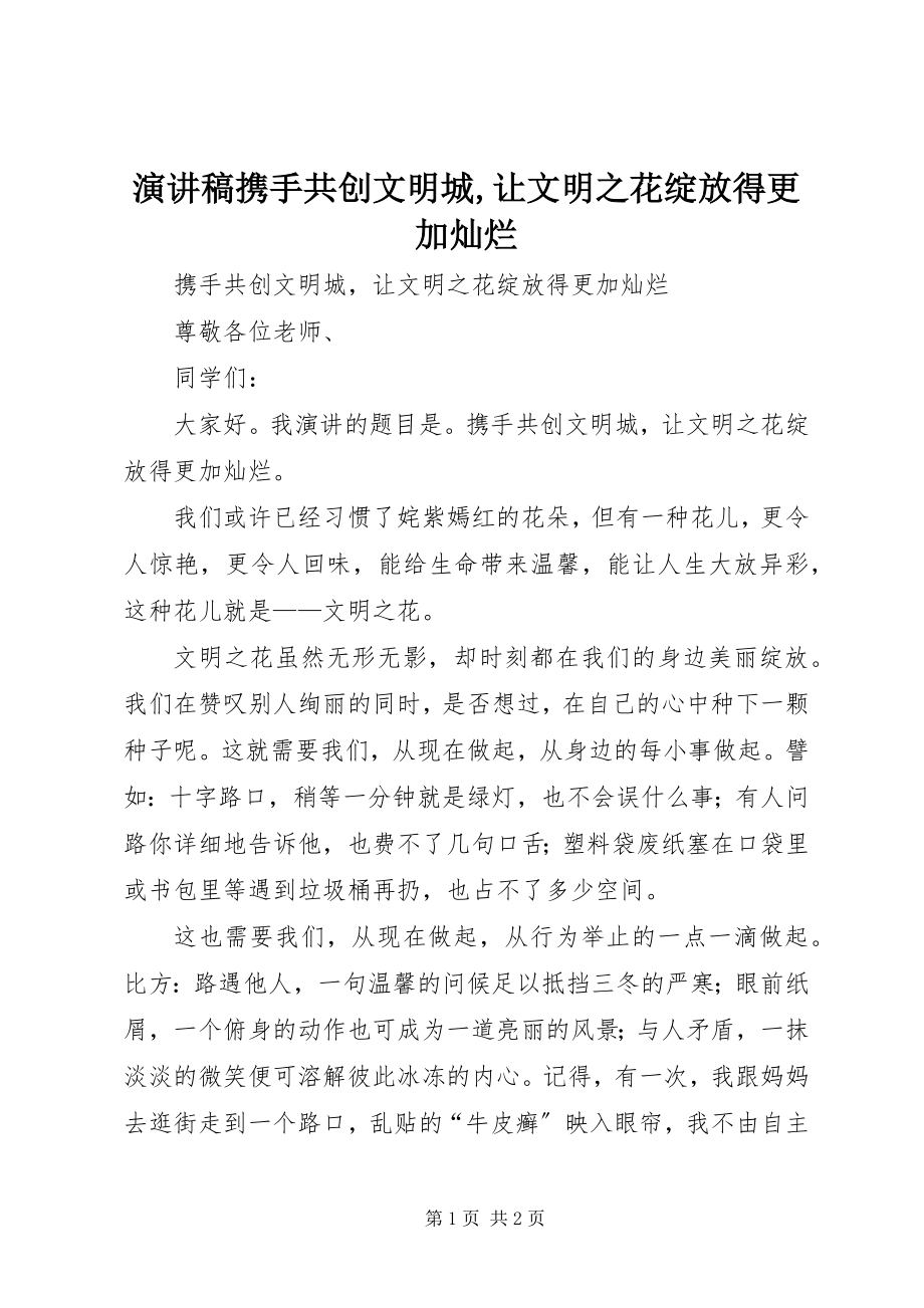 2023年演讲稿《携手共创文明城让文明之花绽放得更加灿烂》.docx_第1页