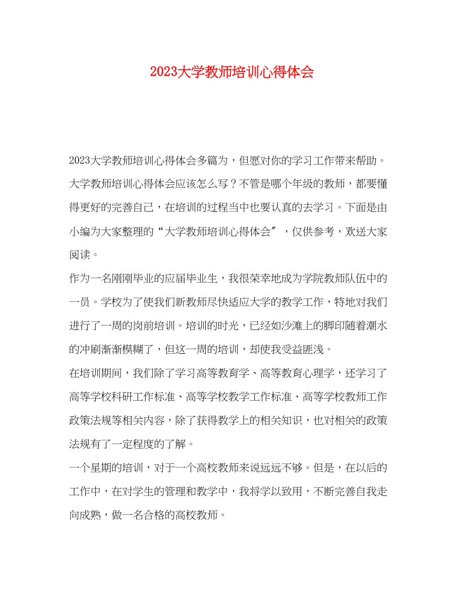 2023年大学教师培训心得体会.docx_第1页