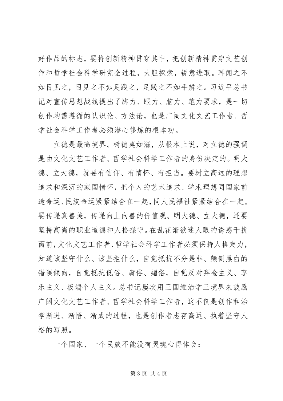 2023年《一个国家一个民族不能没有灵魂》心得体会为国家立心为民族铸魂新编.docx_第3页