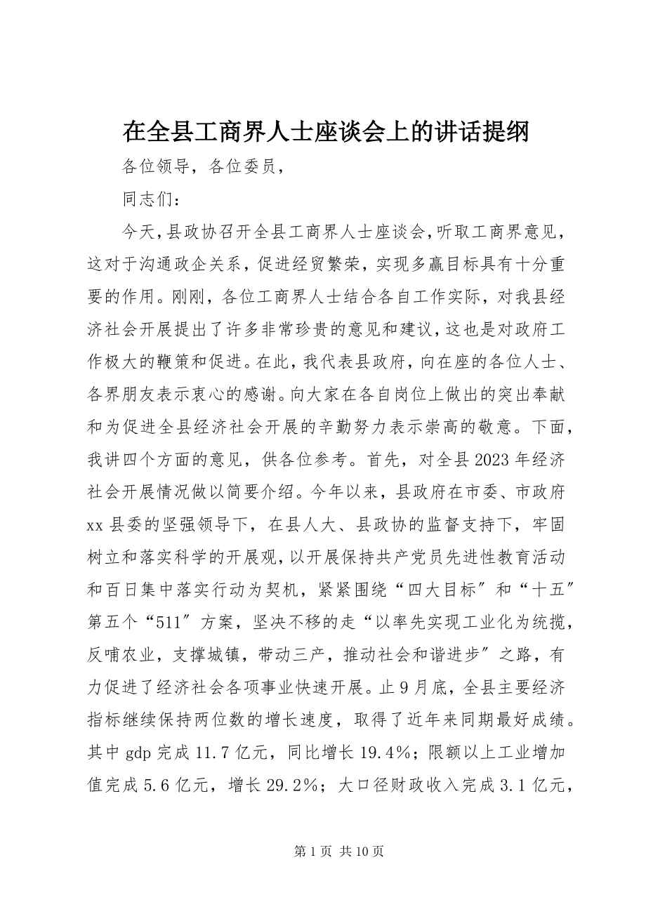 2023年在全县工商界人士座谈会上的致辞提纲.docx_第1页