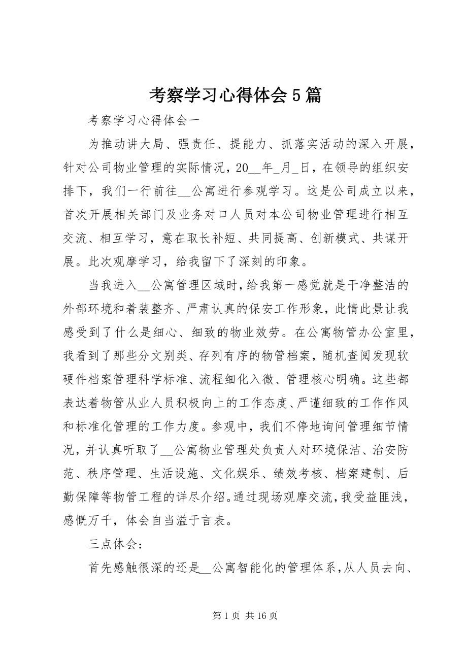 2023年考察学习心得体会5篇.docx_第1页