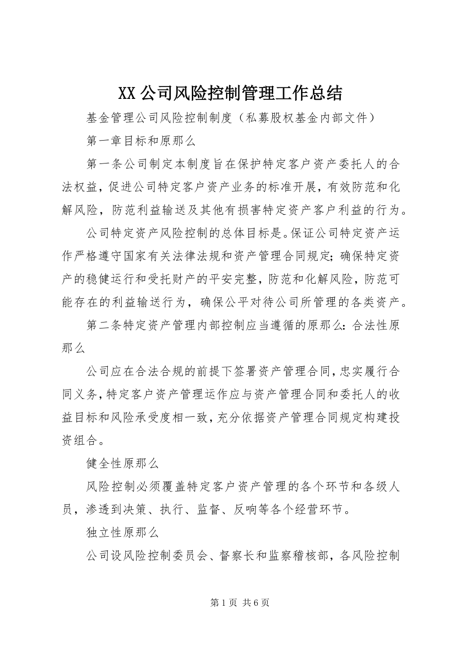 2023年XX公司风险控制管理工作总结新编.docx_第1页