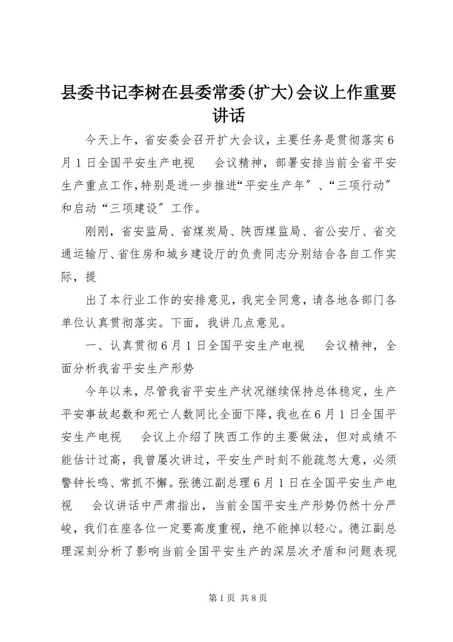 2023年县委书记李树在县委常委扩大会议上作重要致辞.docx_第1页