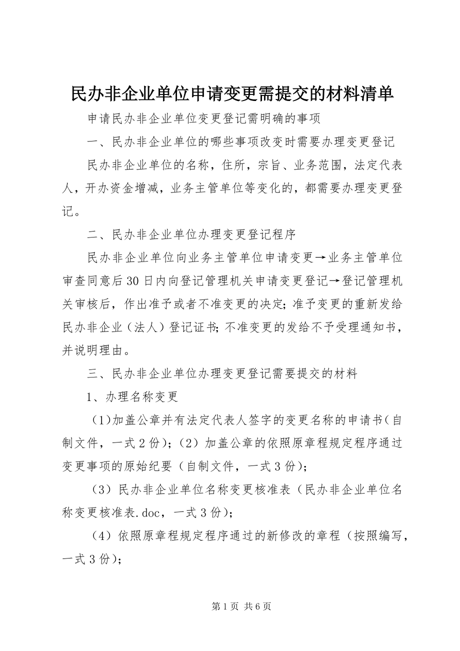 2023年民办非企业单位申请变更需提交的材料清单.docx_第1页