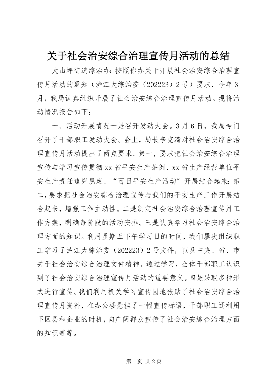 2023年社会治安综合治理宣传月活动的总结.docx_第1页