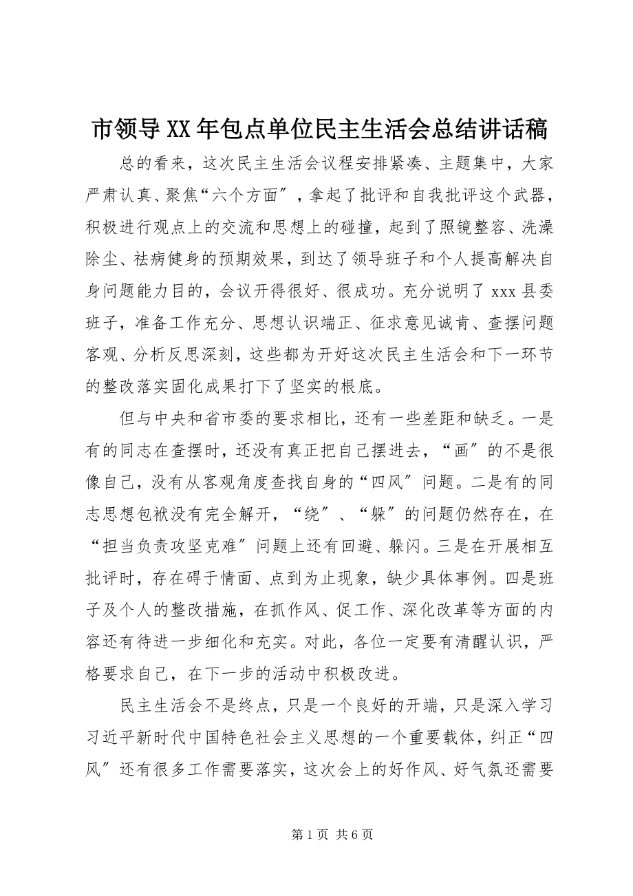 2023年市领导包点单位民主生活会总结致辞稿.docx_第1页