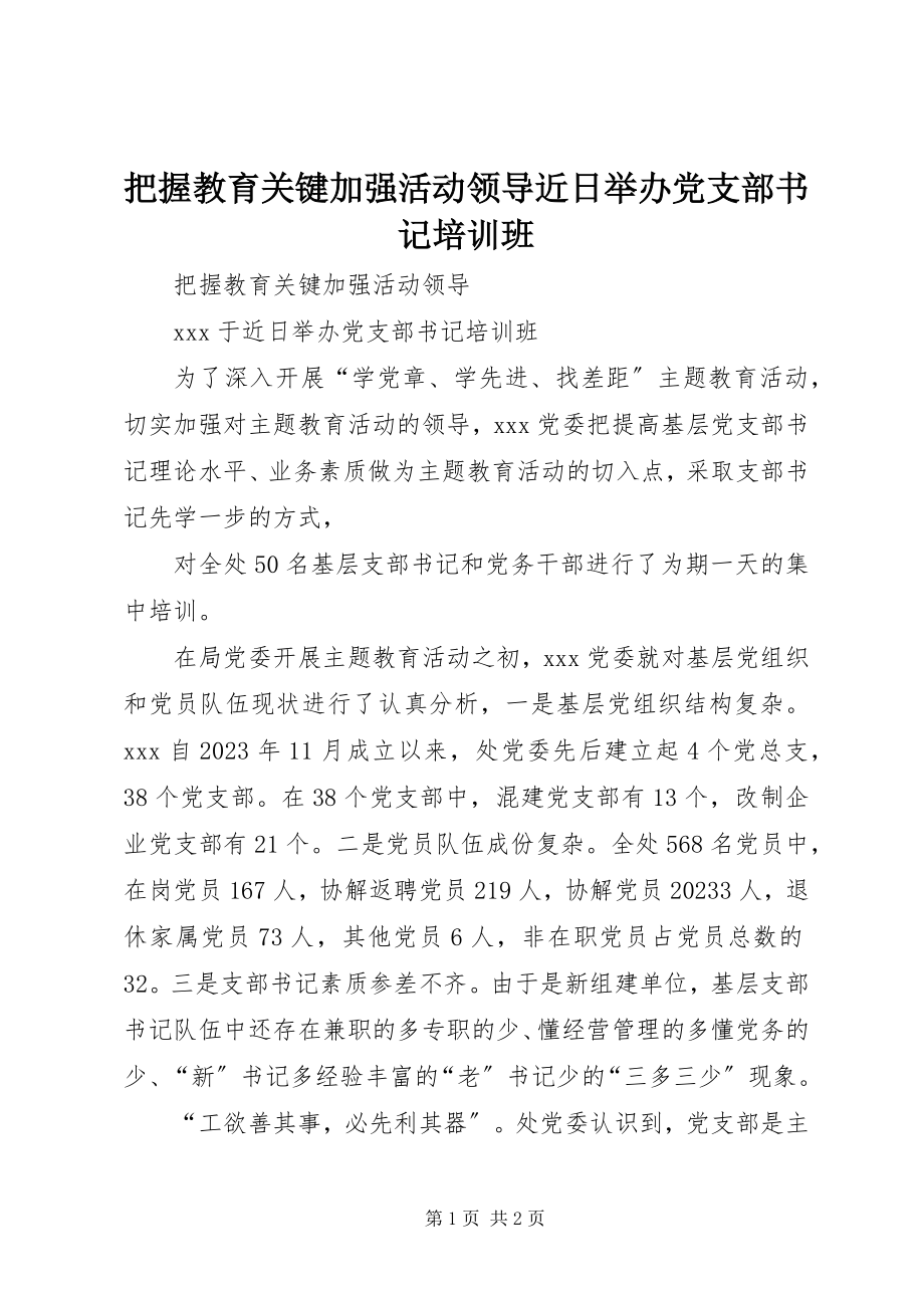 2023年把握教育关键加强活动领导近日举办党支部书记培训班新编.docx_第1页