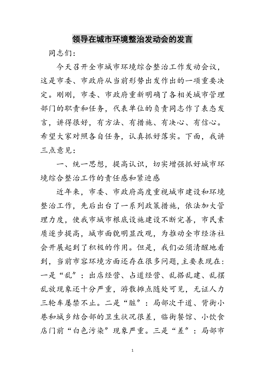 2023年领导在城市环境整治动员会的发言范文.doc_第1页