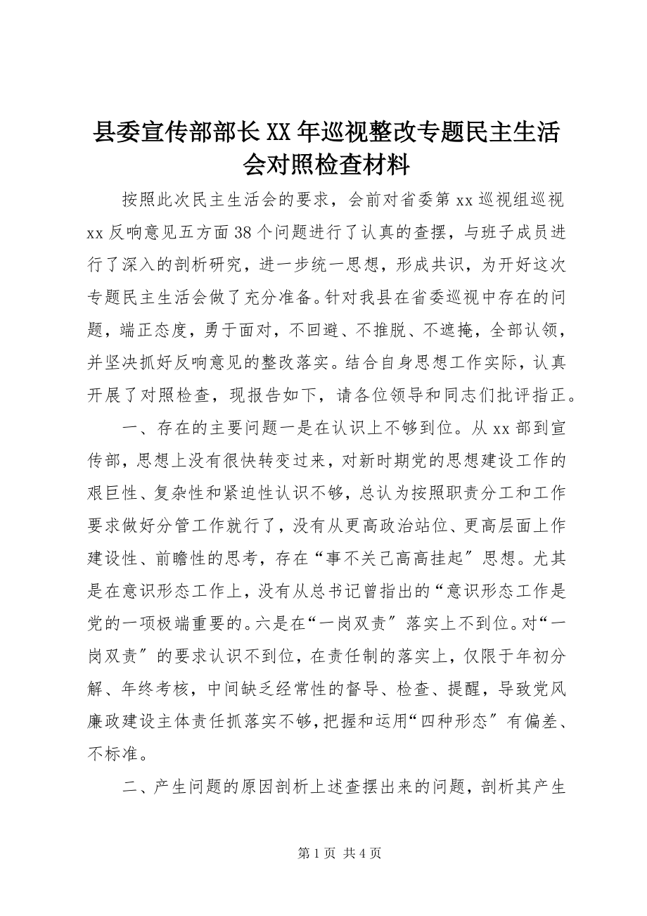 2023年县委宣传部部长巡视整改专题民主生活会对照检查材料.docx_第1页