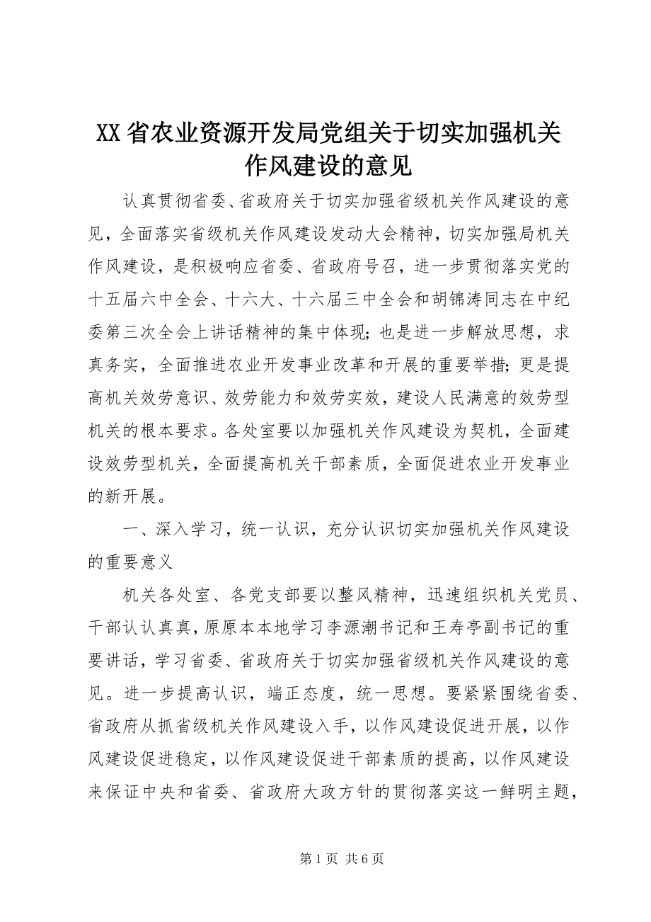 2023年XX省农业资源开发局党组关于切实加强机关作风建设的意见.docx_第1页