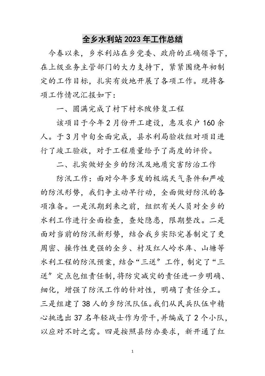 2023年全乡水利站年工作总结范文.doc_第1页