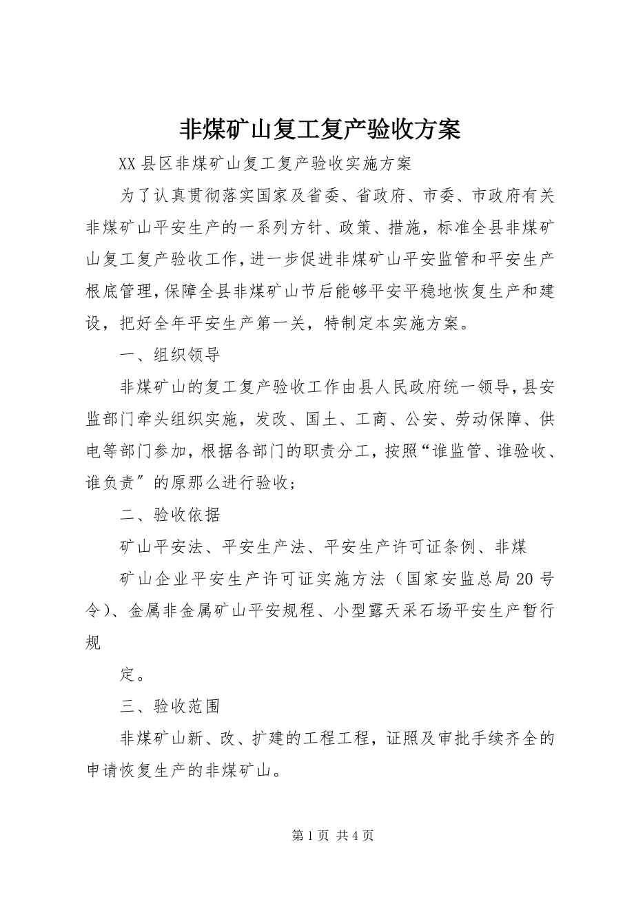 2023年非煤矿山复工复产验收方案.docx_第1页