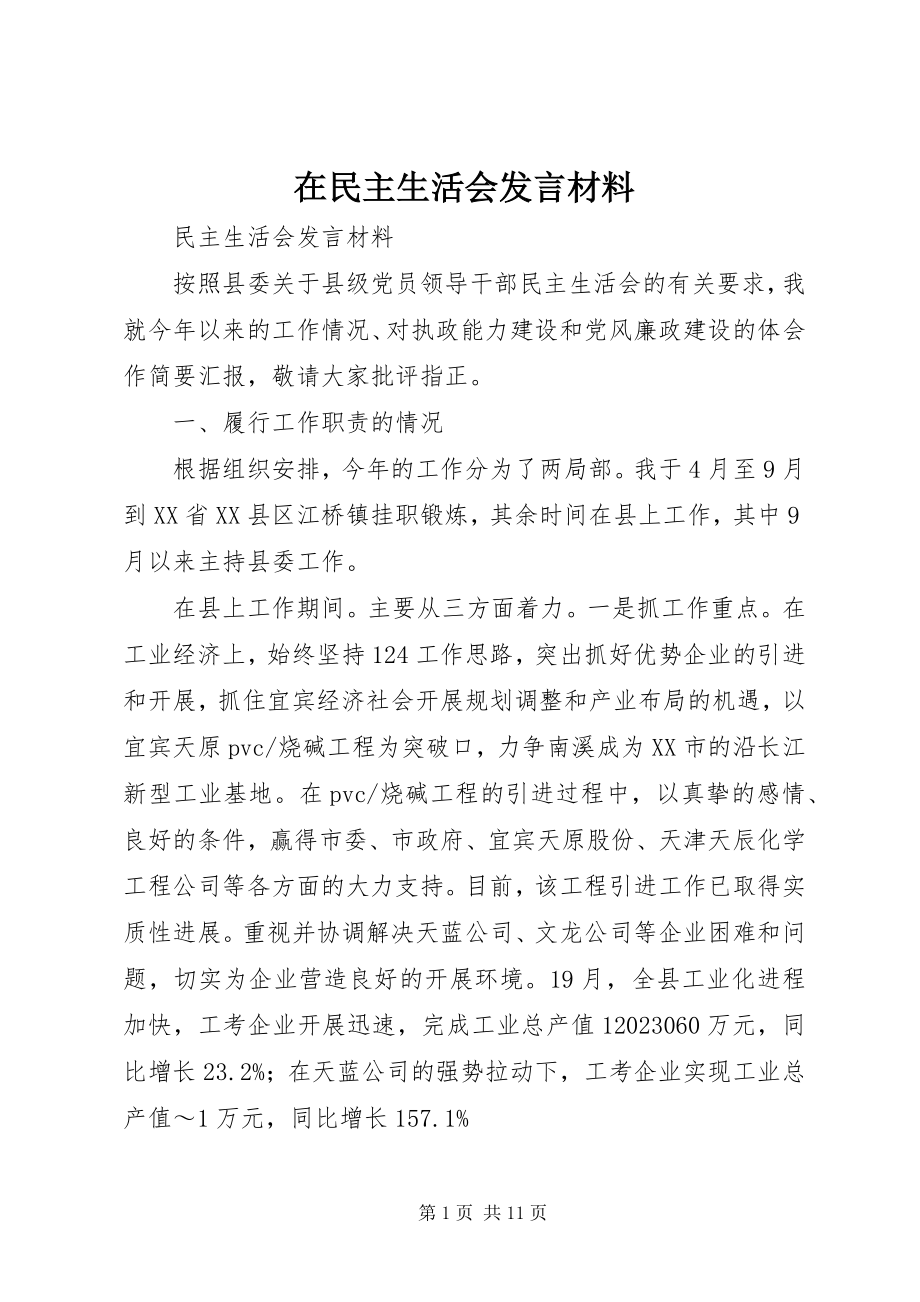 2023年在民主生活会讲话材料.docx_第1页