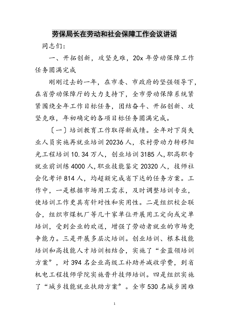 2023年劳保局长在劳动和社会保障工作会议讲话范文.doc_第1页