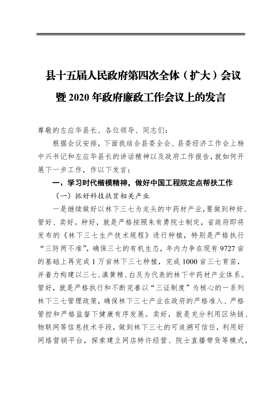 县十五届人民政府第四次全体（扩大）会议暨2020年政府廉政工作会议上的发言.docx_第1页