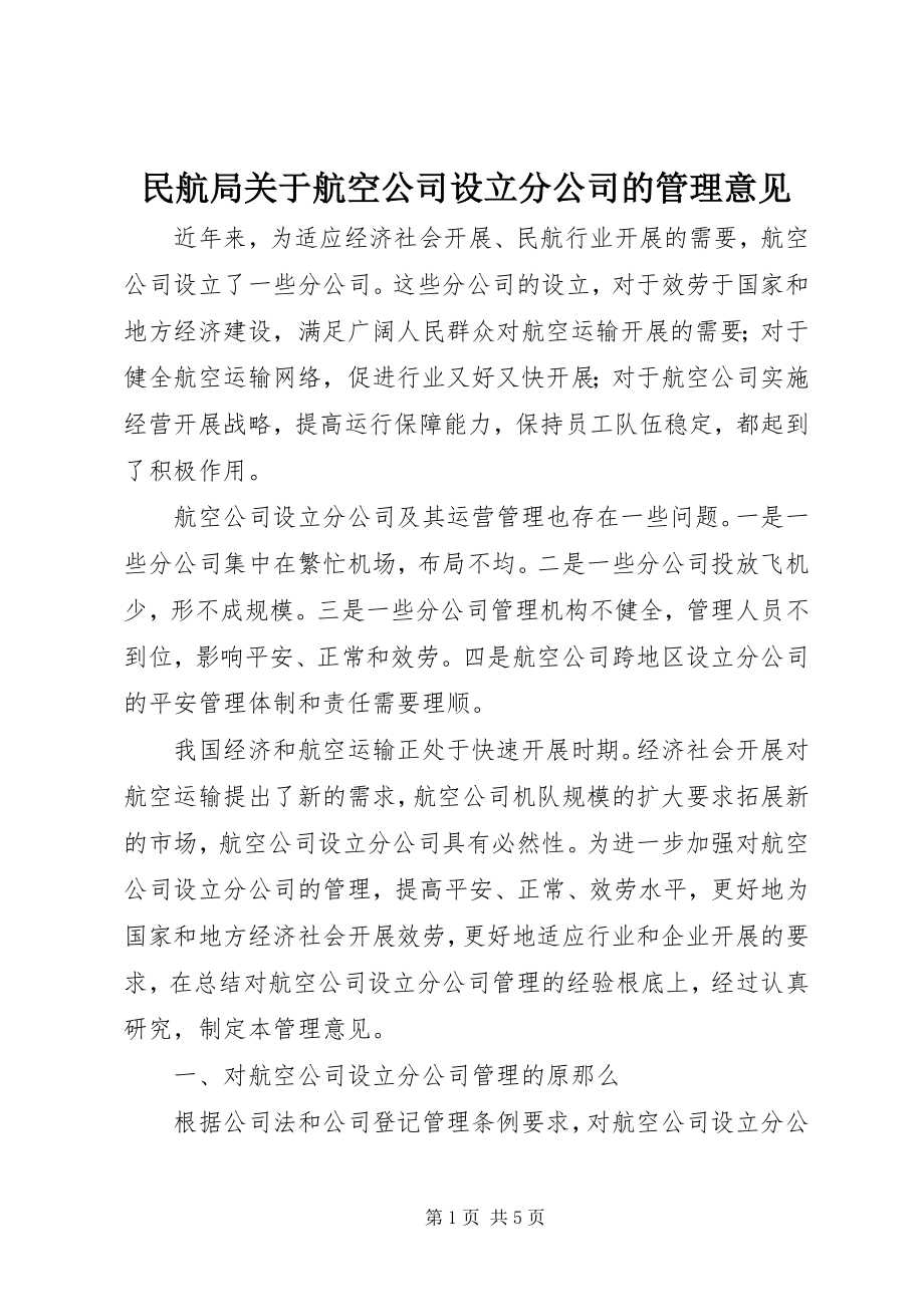 2023年民航局航空公司设立分公司的管理意见.docx_第1页