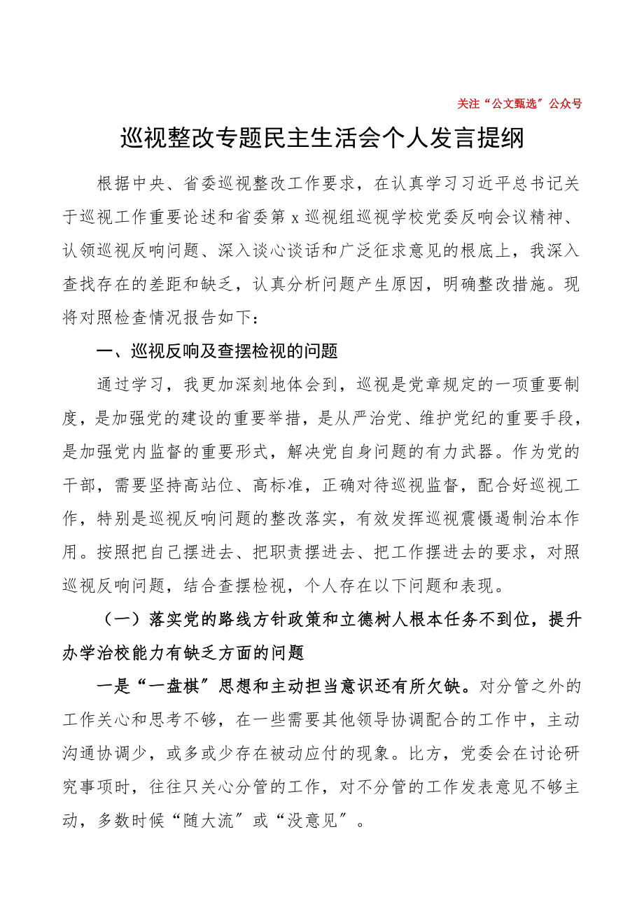 2023年个人对照检查巡视整改专题民主生活会个人发言提纲学校党委书记巡察整改个人对照检查材料.doc_第1页