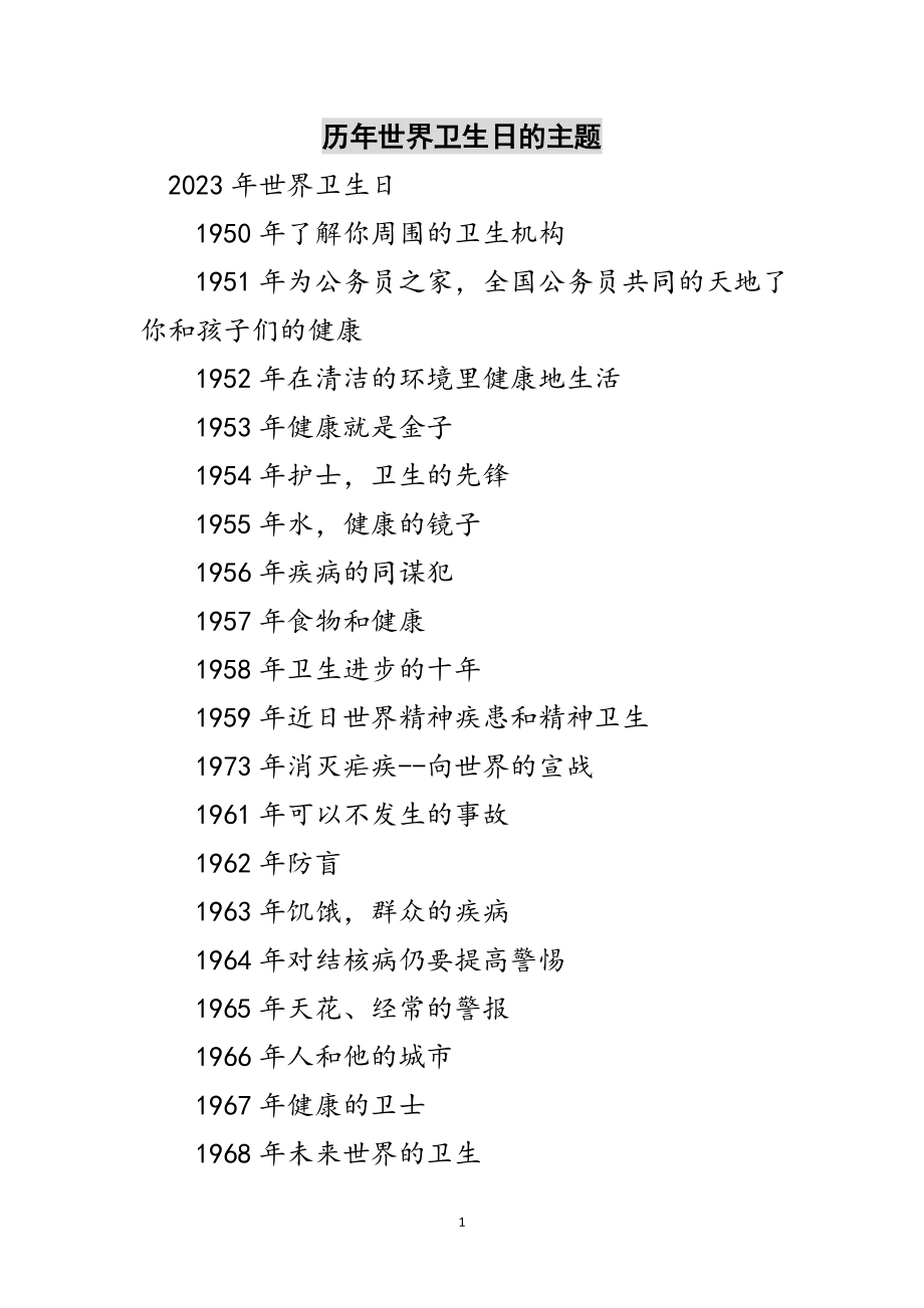 2023年历年世界卫生日的主题范文.doc_第1页