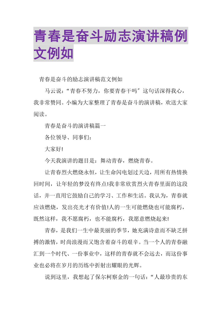 2023年青春是奋斗励志演讲稿例文示例.doc_第1页