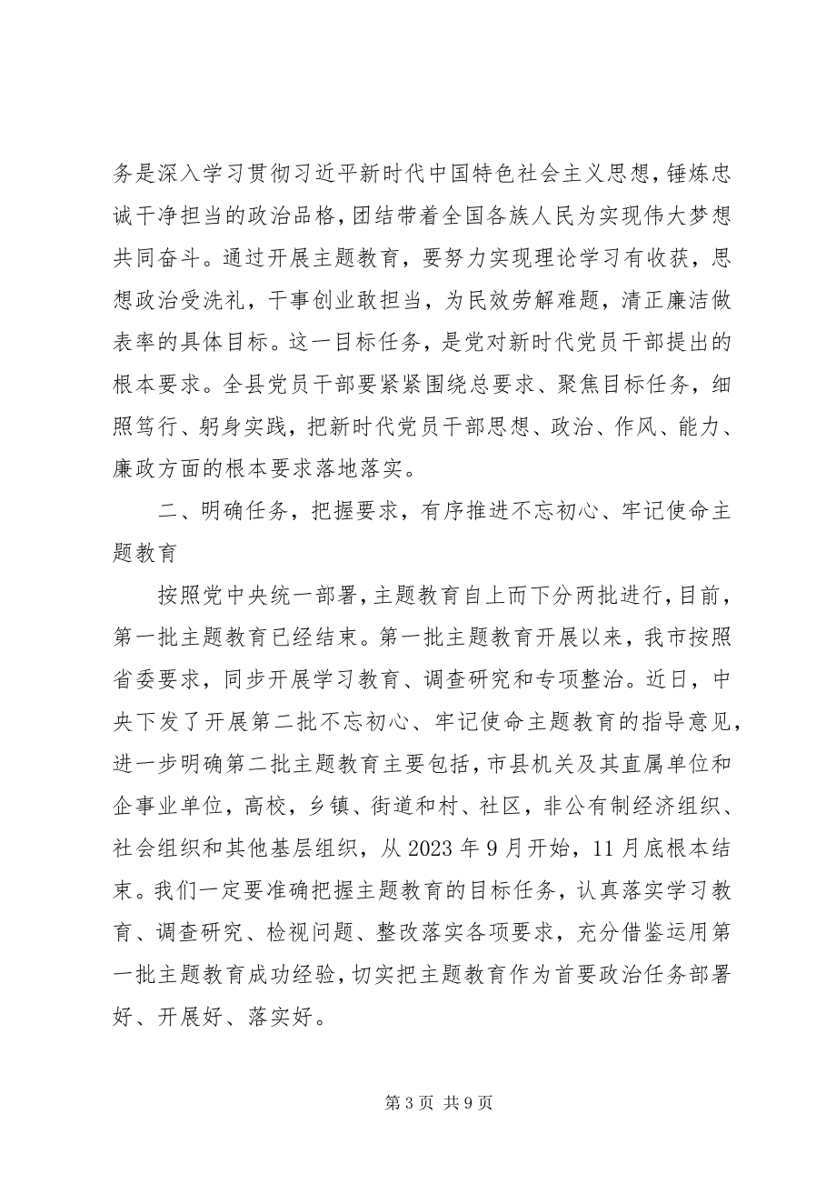 2023年在全县主题教育工作会议上的致辞.docx_第3页