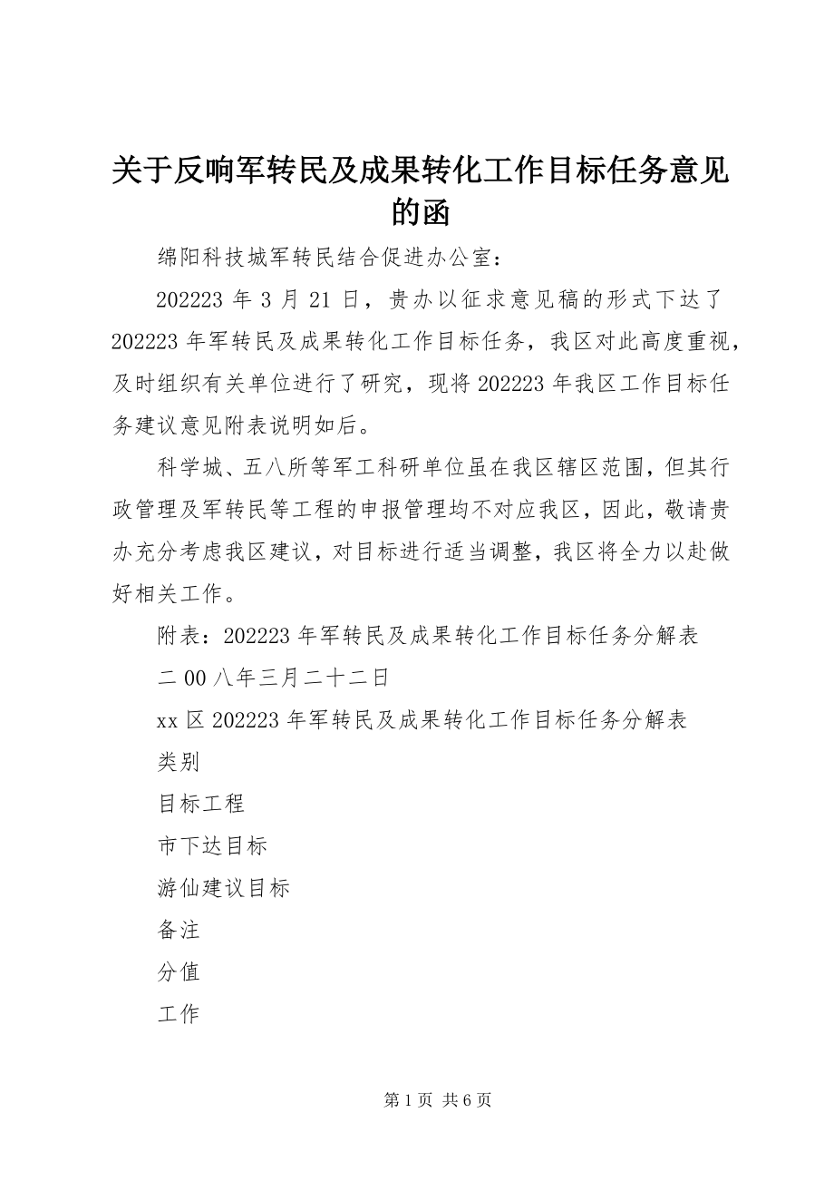 2023年反馈军转民及成果转化工作目标任务意见的函.docx_第1页