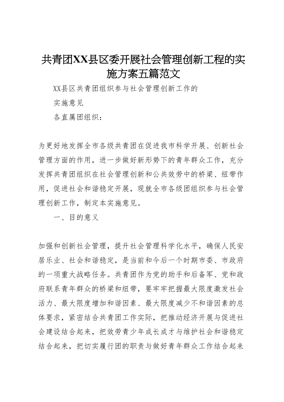 2023年共青团县区委开展社会管理创新项目的实施方案五篇范文 .doc_第1页