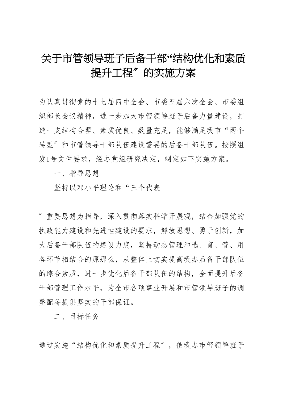 2023年关于市管领导班子后备干部结构优化和素质提升工程的实施方案 .doc_第1页