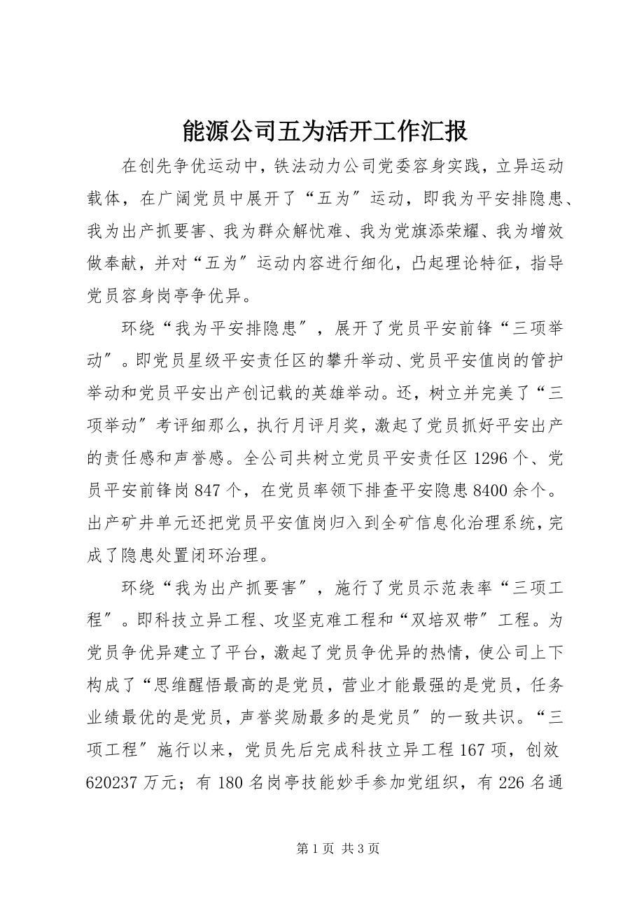 2023年能源公司五为活动工作汇报.docx_第1页