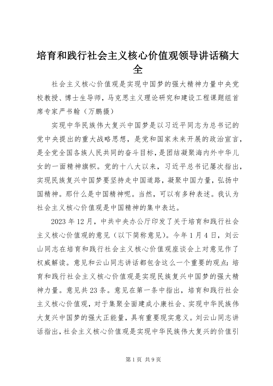 2023年培育和践行社会主义核心价值观领导致辞稿大全.docx_第1页