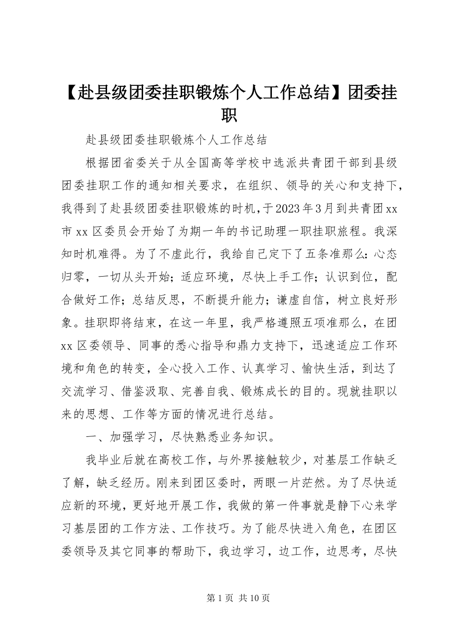 2023年赴县级团委挂职锻炼个人工作总结团委挂职.docx_第1页