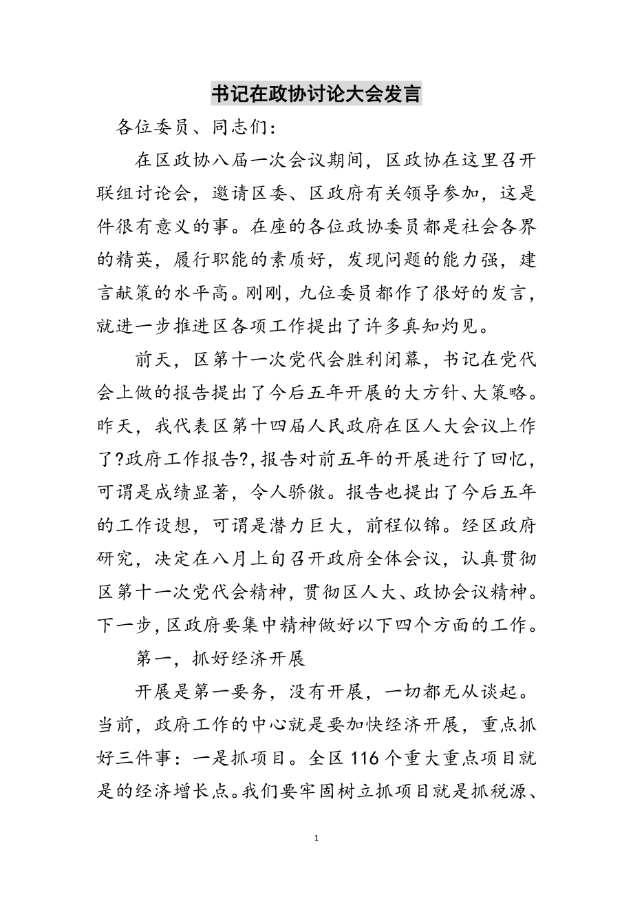 2023年书记在政协讨论大会发言范文.doc_第1页