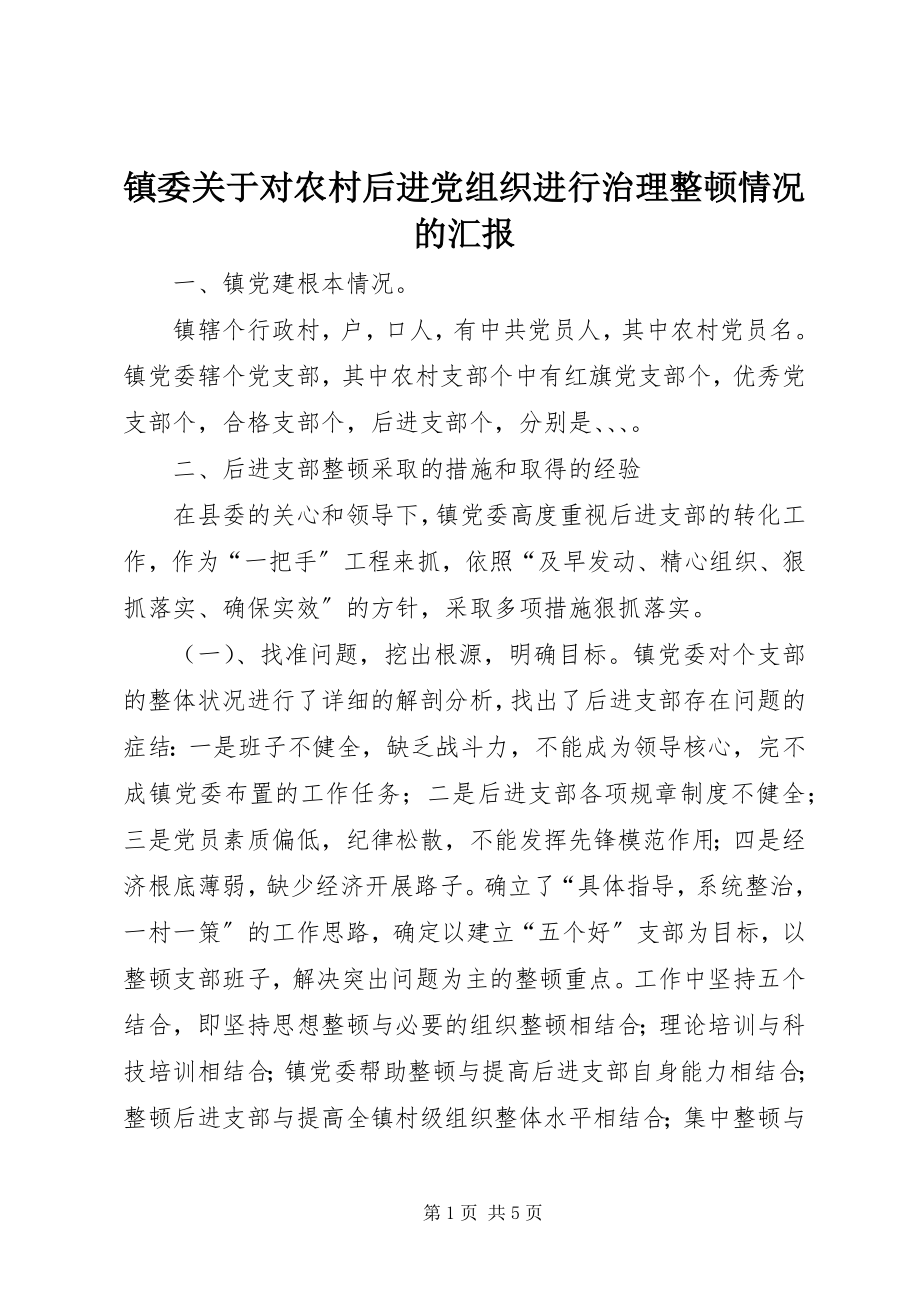 2023年镇委关于对农村后进党组织进行治理整顿情况的汇报.docx_第1页