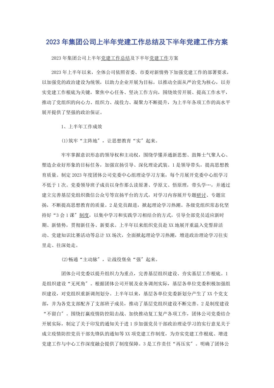 2023年集团公司上半党建工作总结及下半党建工作计划.docx_第1页