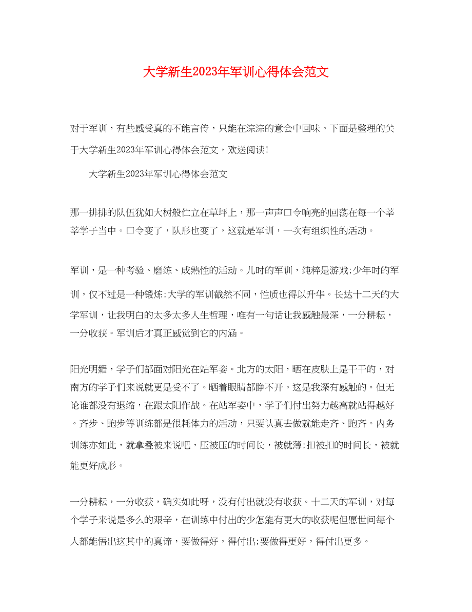 2023年大学新生军训心得体会范文2.docx_第1页