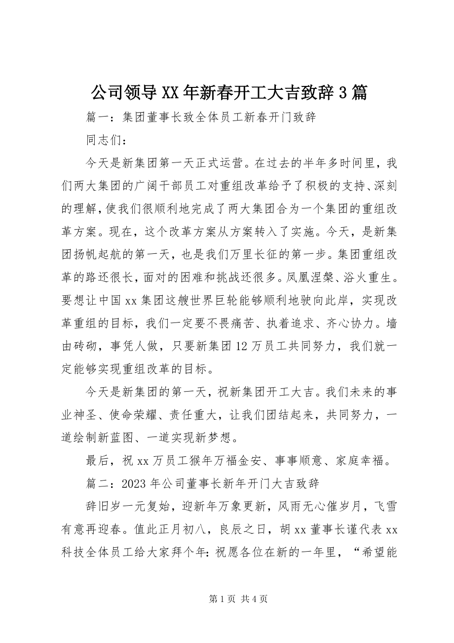 2023年公司领导某年新春开工大吉致辞3篇.docx_第1页