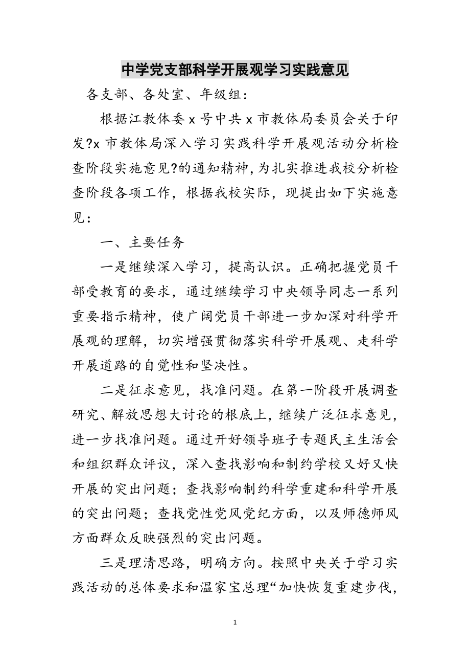 2023年中学党支部科学发展观学习实践意见范文.doc_第1页