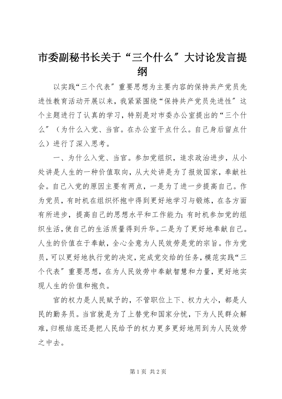 2023年市委副秘书长关于“三个什么”大讨论讲话提纲.docx_第1页