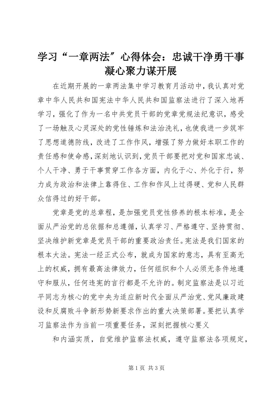 2023年学习“一章两法”心得体会忠诚干净勇干事凝心聚力谋发展.docx_第1页