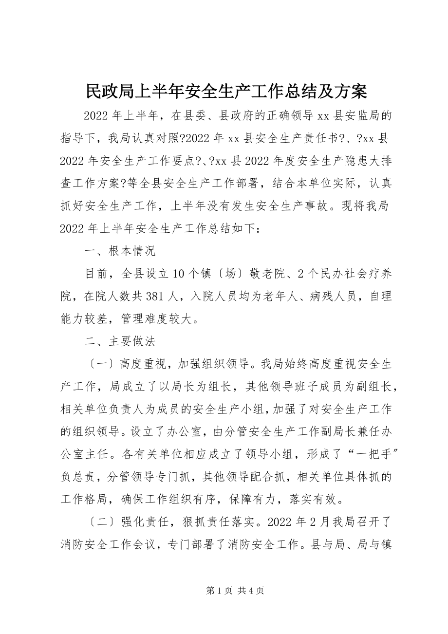 2023年民政局上半年安全生产工作总结及计划.docx_第1页