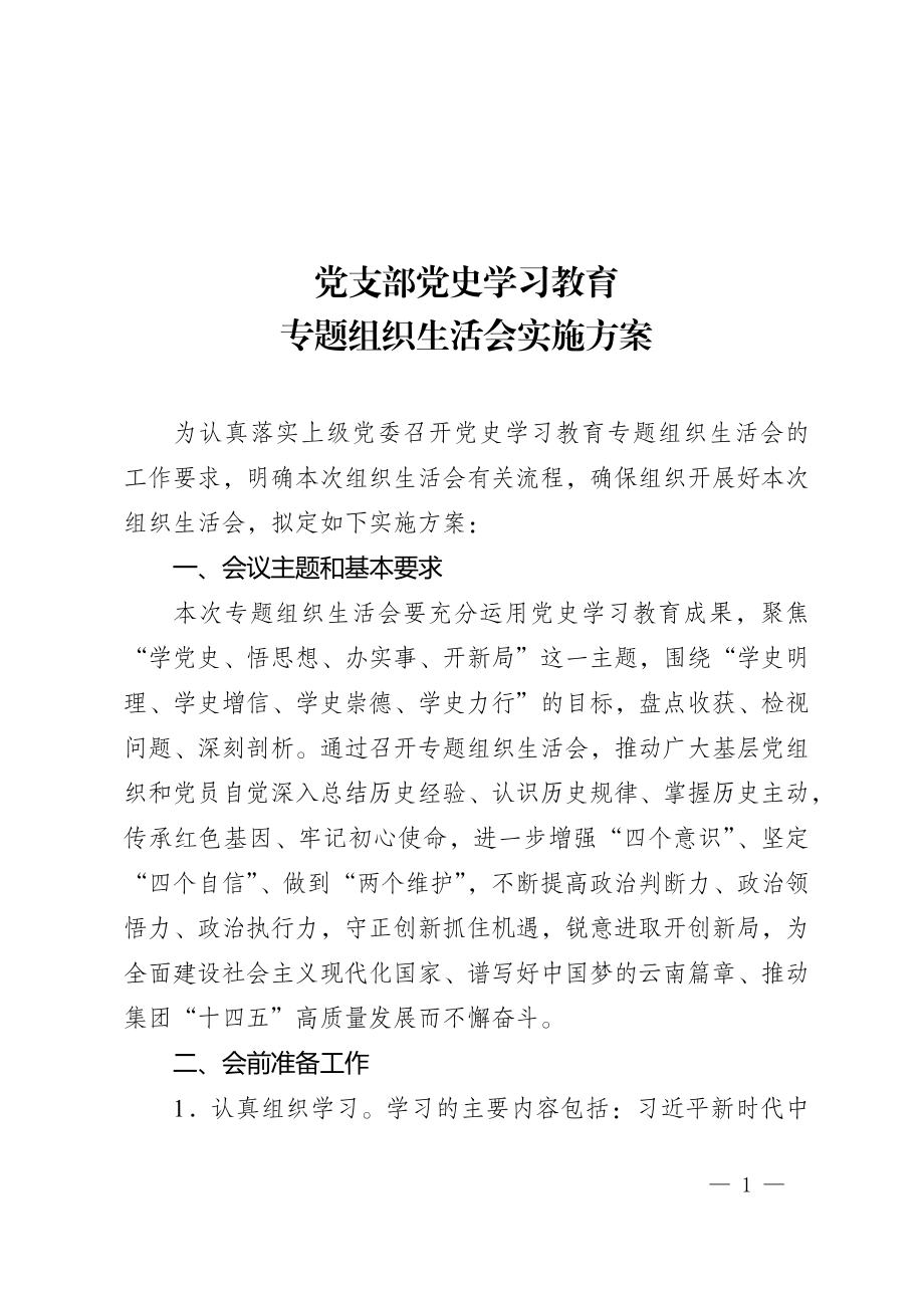 党支部党史学习教育专题组织生活会实施方案.docx_第1页