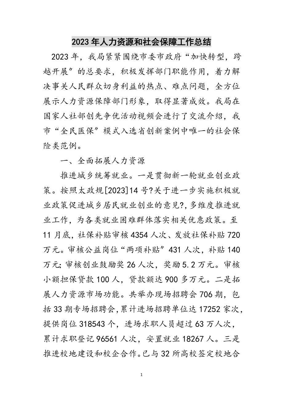 2023年年人力资源和社会保障工作总结范文.doc_第1页